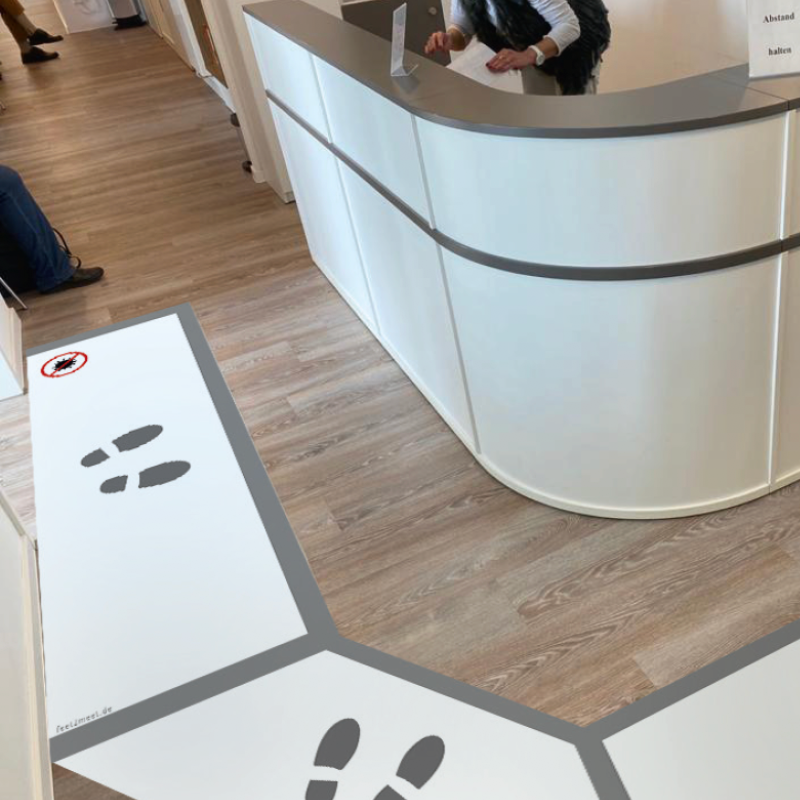 Individuell designte Bodenaufkleber und Abstandsmarkierungen für Geschäftsräume von Feet2Meet.